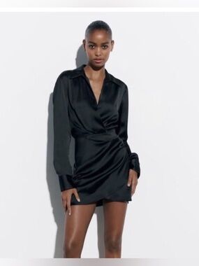 Zara Satin Effect Black Long Sleeve Mini dress Size XS